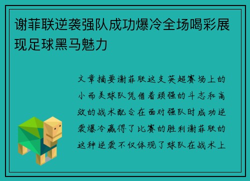 谢菲联逆袭强队成功爆冷全场喝彩展现足球黑马魅力