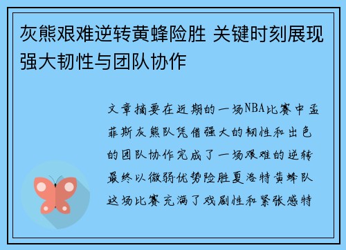 灰熊艰难逆转黄蜂险胜 关键时刻展现强大韧性与团队协作