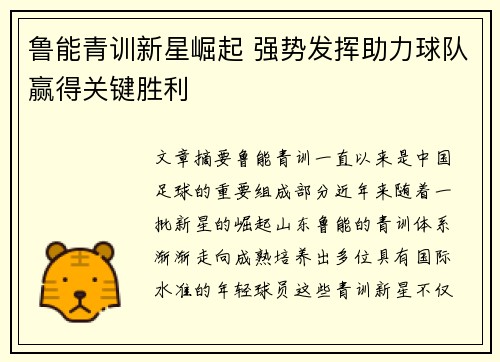 鲁能青训新星崛起 强势发挥助力球队赢得关键胜利