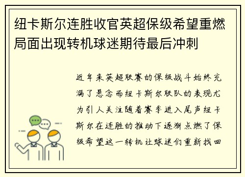 纽卡斯尔连胜收官英超保级希望重燃局面出现转机球迷期待最后冲刺