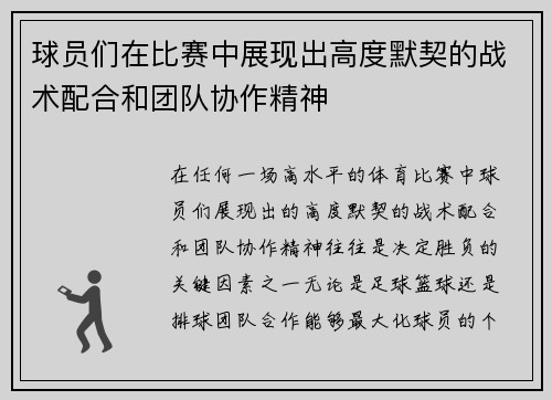球员们在比赛中展现出高度默契的战术配合和团队协作精神