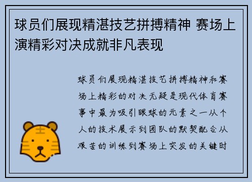 球员们展现精湛技艺拼搏精神 赛场上演精彩对决成就非凡表现