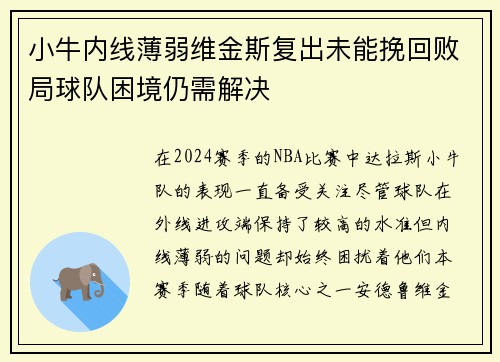 小牛内线薄弱维金斯复出未能挽回败局球队困境仍需解决