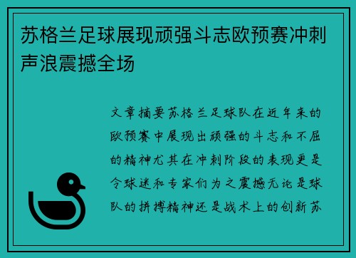苏格兰足球展现顽强斗志欧预赛冲刺声浪震撼全场